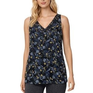 Cabi Navy Floral Leaf Print V Neck Sleeveless Sheer Tunic Tank Top Womens Size S